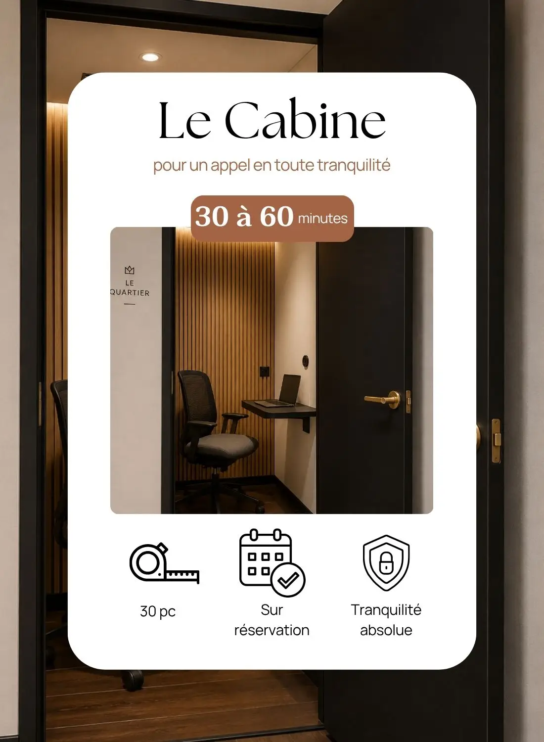 Cabine téléphonique privée de 30 pi² sur réservation pour appels professionnels dans notre espace de bureaux à louer à Beloeil.